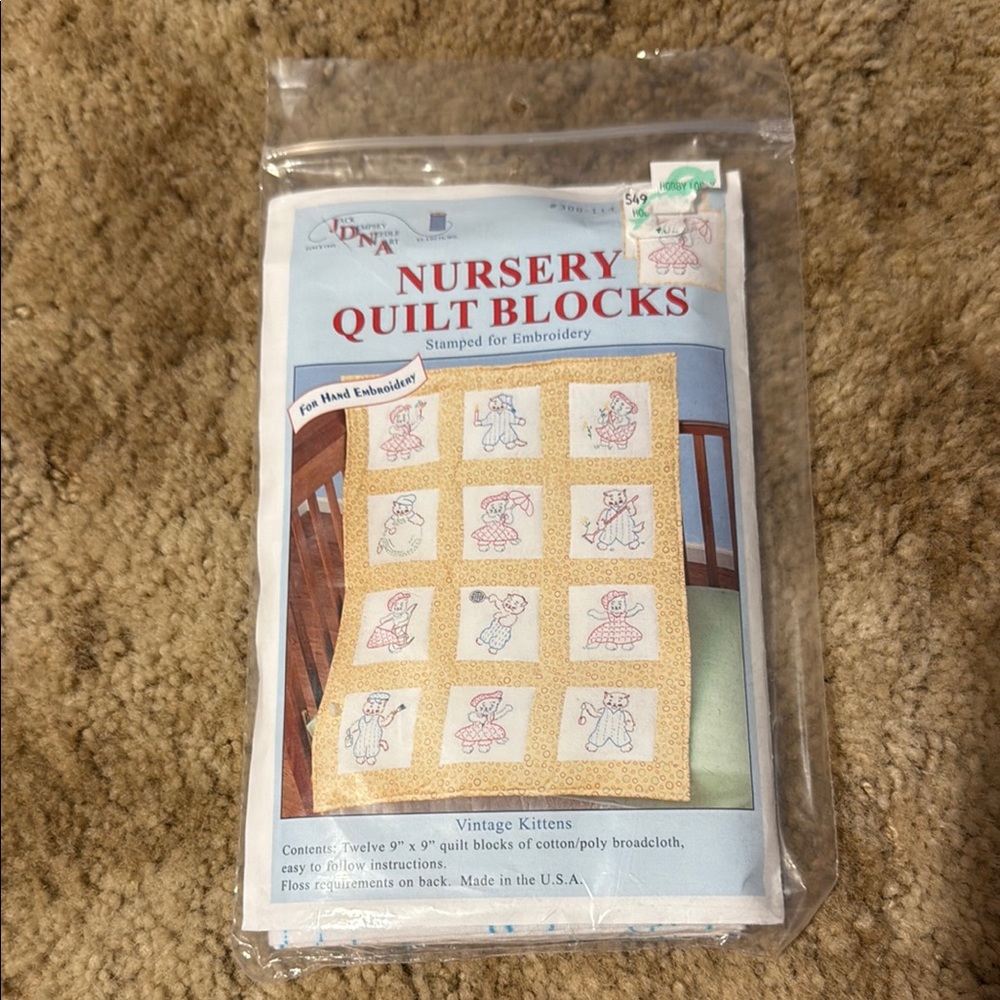Nursery Quilt Blocks Stamped Embroidery Kit - vintage kittens